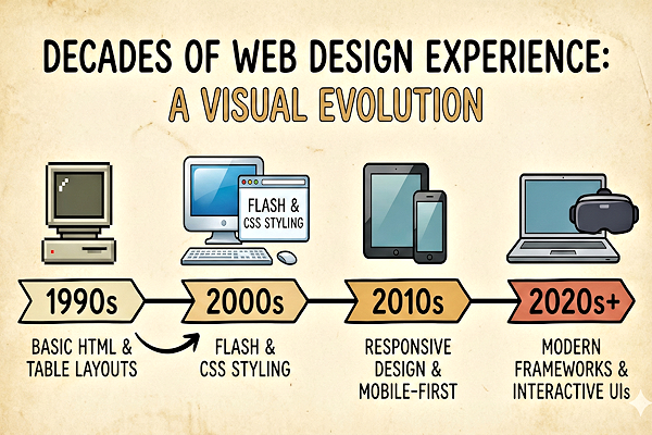 Visual timeline representing decades of practical web design experience