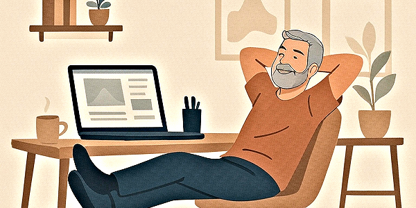 Relaxed retired web designer in home office