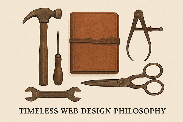 Antique tools and leather notebook representing timeless web design philosophy